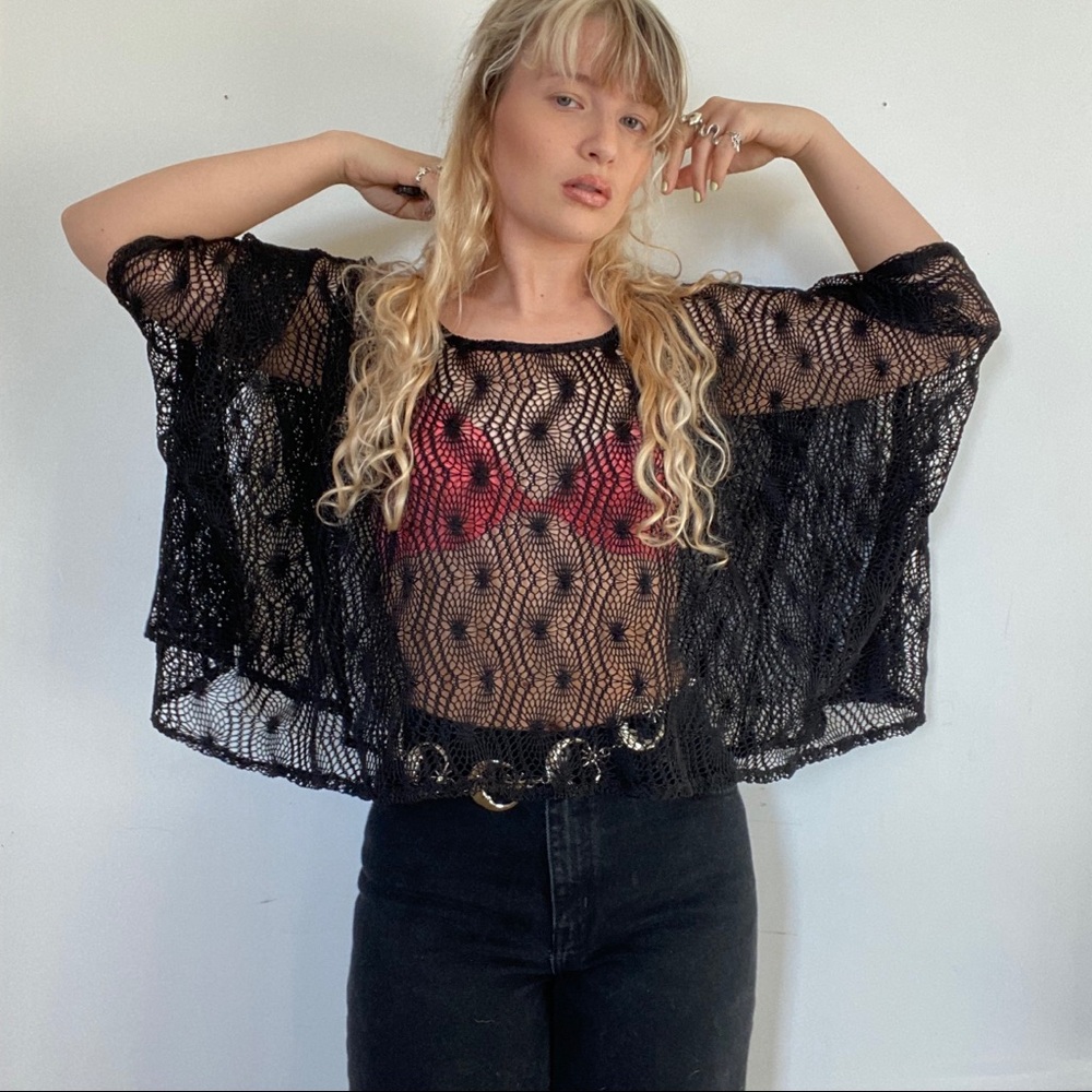 Alexis black mesh winged top in lace